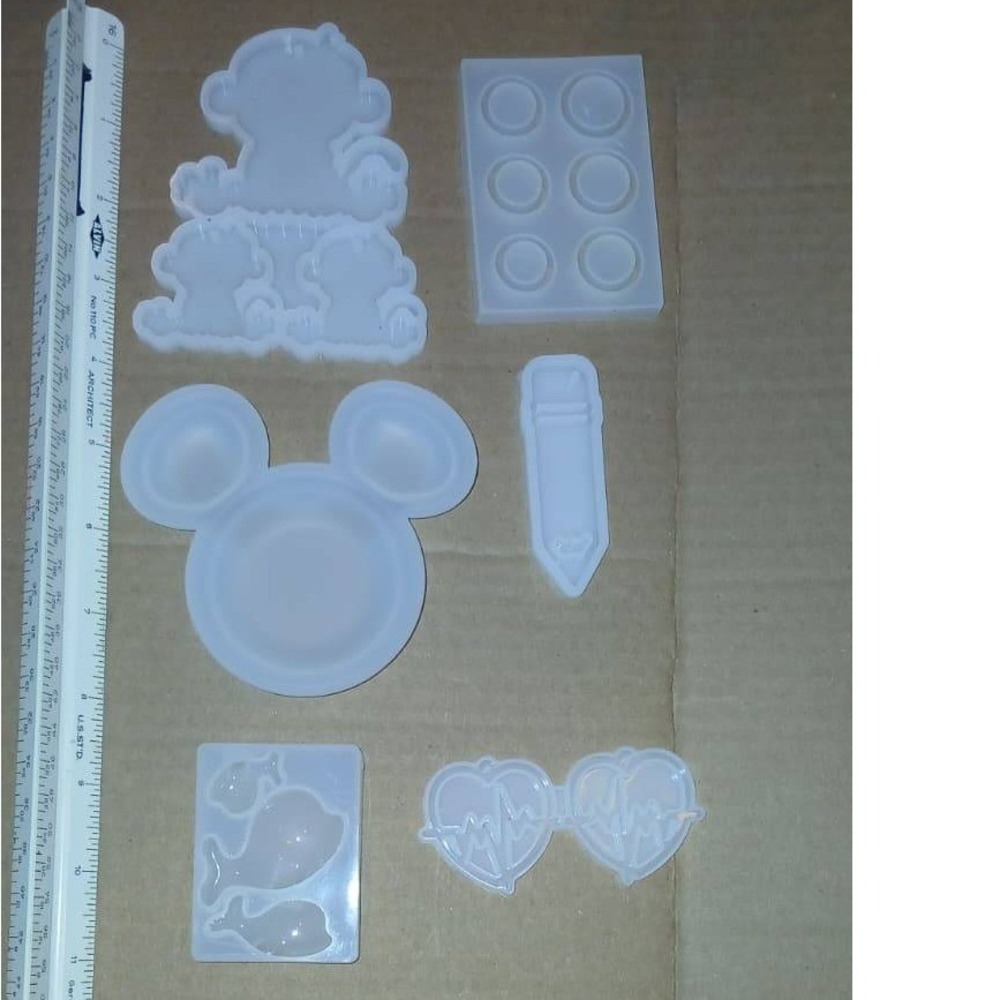 6pc Silicone Resin Molds Set Mouse Monkey Pencil Heart EKG Whale Craft Supplies